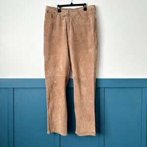 Vintage Chicos 2 Suede Leather Pants Whipstitch Lace-Up Vtg 90s Tan Brown